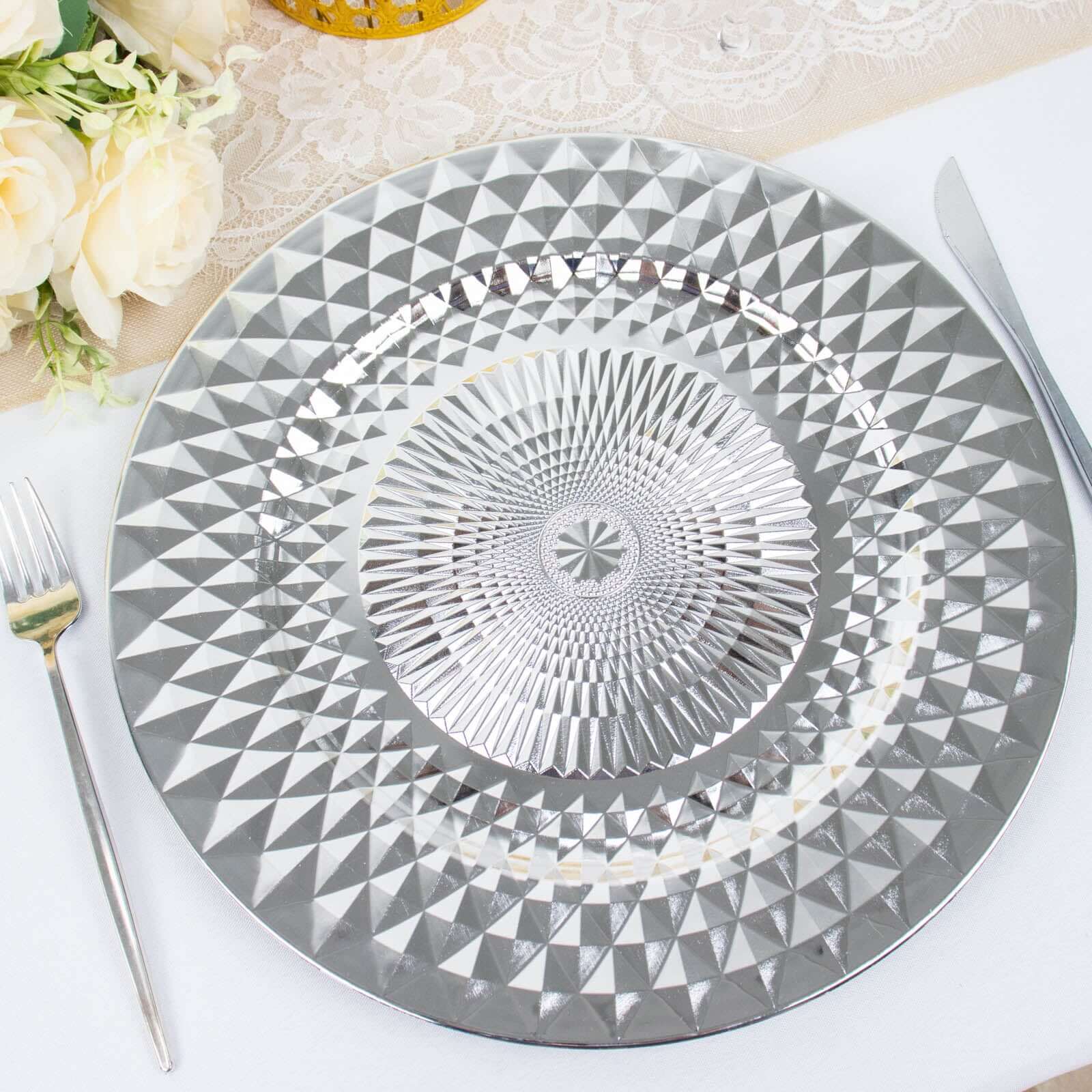 6-Pack Plastic Charger Plates 13" Round Silver Diamond Pattern - Sparkling Disposable Dinner Charger Tableware